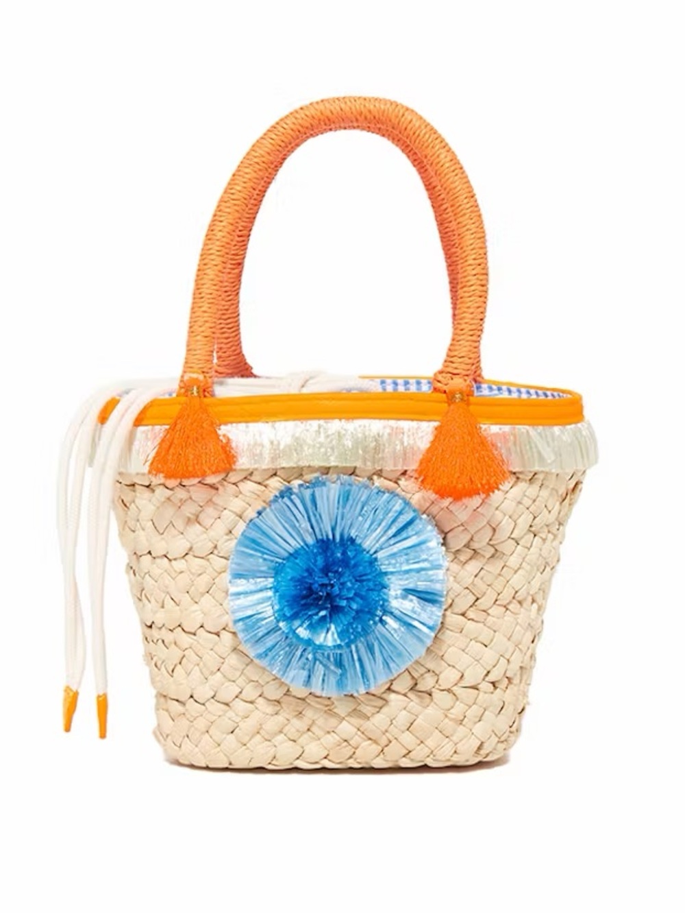 Milly Woven Straw Mini Tote with Blue Pom and Orange Handles